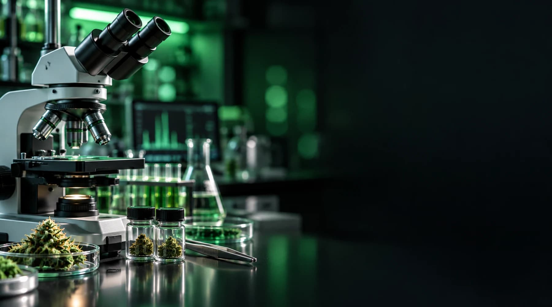 Hemp testing laboratory with microscope and sample vials